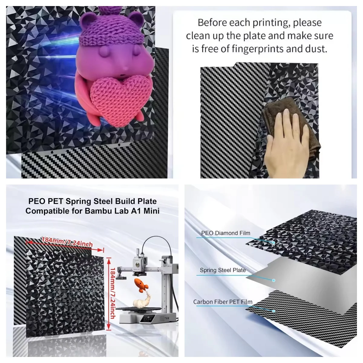 Гибкий лист пружинной стали, двухсторонняя текстурированная пластина PEO PET, 184x184 мм для строительной платформы 3D-принтера Bambu Lab A1 Mini 
Гибкий лист пружинной стали, двухсторонняя текстурированная пластина PEO PET, 184x184 мм для строительной платформы 3D-принтера Bambu Lab A1 Mini