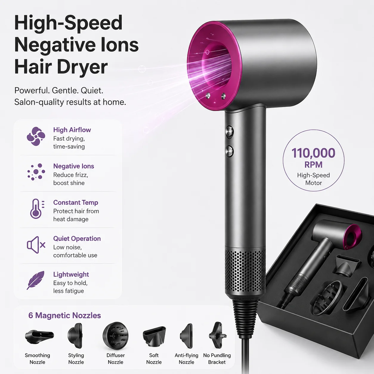High-Speed Negative Ions Hair Dryer, Upgraded Model, Quiet, High Airflow, Constant Temp, Lightweight, Multi Nozzles in Gift Box
High-Speed Negative Ions Hair Dryer, Upgraded Model, Quiet, High Airflow, Constant Temp, Lightweight, Multi Nozzles in Gift Box