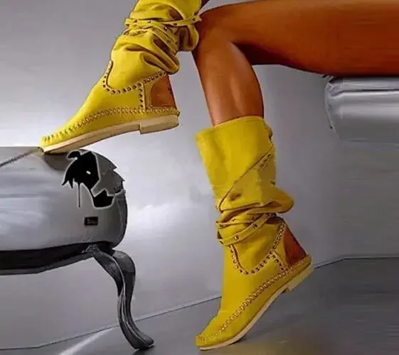Spring Yellow White Suede Patchwork Studded Rivet Mid-calf Flat Boots Women Fashion Comfortable Cross Strap Round Toe Boots Shoe
Spring Yellow White Suede Patchwork Studded Rivet Mid-calf Flat Boots Women Fashion Comfortable Cross Strap Round Toe Boots Shoe