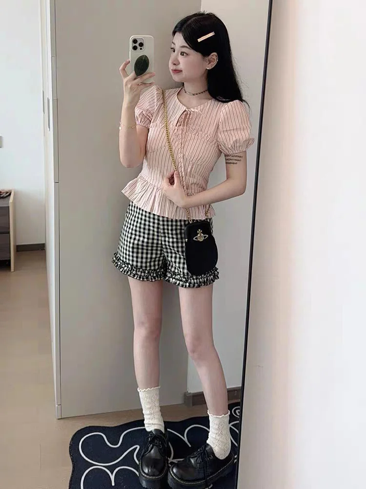 Chic Beautiful Pink Bubble Sleeve Shirt Short Style Women's T-Shirt Korean Version Slim Fit Striped Knot Design
Chic Beautiful Pink Bubble Sleeve Shirt Short Style Women's T-Shirt Korean Version Slim Fit Striped Knot Design