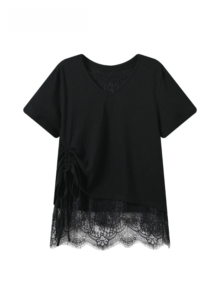 Summer New Style Lace Splicing Short Sleeve T-Shirt Women's Casual Loose Fit V-Neck Top for plus Size Fashionable And Youthful
Summer New Style Lace Splicing Short Sleeve T-Shirt Women's Casual Loose Fit V-Neck Top for plus Size Fashionable And Youthful