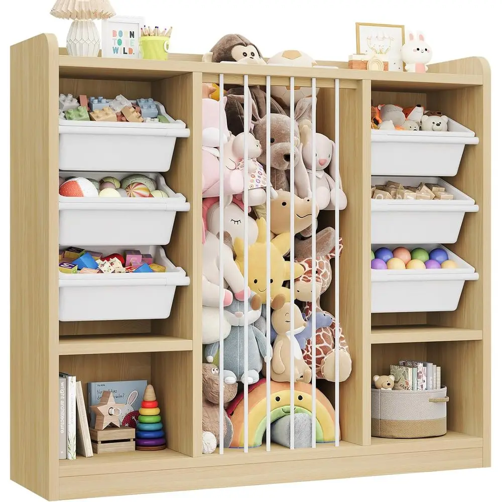 6-Bin Plastic Storage Organizer with 2 Open Shelves, Animal-Themed Toy Box for Kids' Playroom, Bedroom, or Nursery in Maple Wood
6-Bin Plastic Storage Organizer with 2 Open Shelves, Animal-Themed Toy Box for Kids' Playroom, Bedroom, or Nursery in Maple Wood