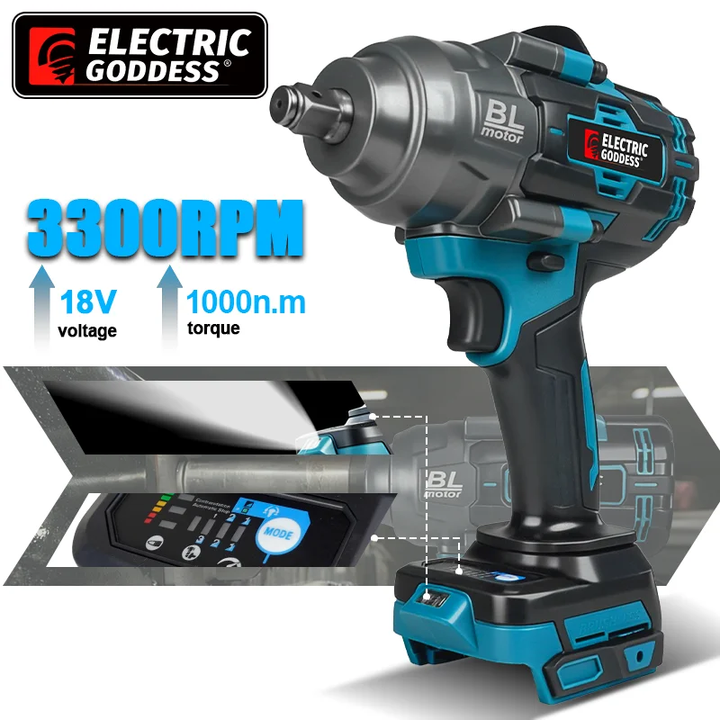 Electric Goddess 1000N.M Brushless Electric Impact Wrench 1/2inch Cordless Torque Wrench Power Tool For Makita 18V Battery Pin
Electric Goddess 1000N.M Brushless Electric Impact Wrench 1/2inch Cordless Torque Wrench Power Tool For Makita 18V Battery Pin