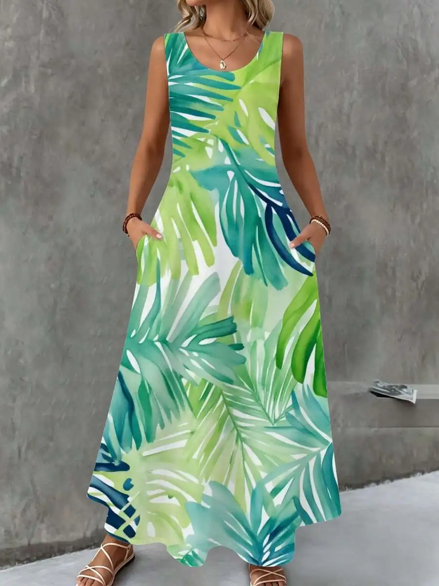 Sleeveless Maxi Dress Green Tropical Leaf Print Summer Beach Vacation Wear
Sleeveless Maxi Dress Green Tropical Leaf Print Summer Beach Vacation Wear
