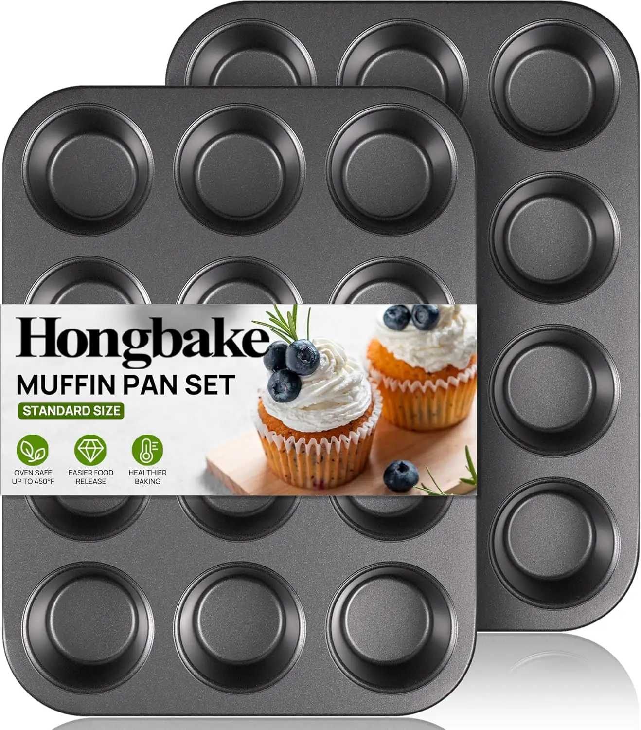 HONGBAKE Muffin Pan for Baking, Nonstick Cupcake Tin 12 Cup, 2 Pack Cup Cake Tray, Premium Cheesecake Pans, Dishwasher Safe - Dark Grey
HONGBAKE Muffin Pan for Baking, Nonstick Cupcake Tin 12 Cup, 2 Pack Cup Cake Tray, Premium Cheesecake Pans, Dishwasher Safe - Dark Grey