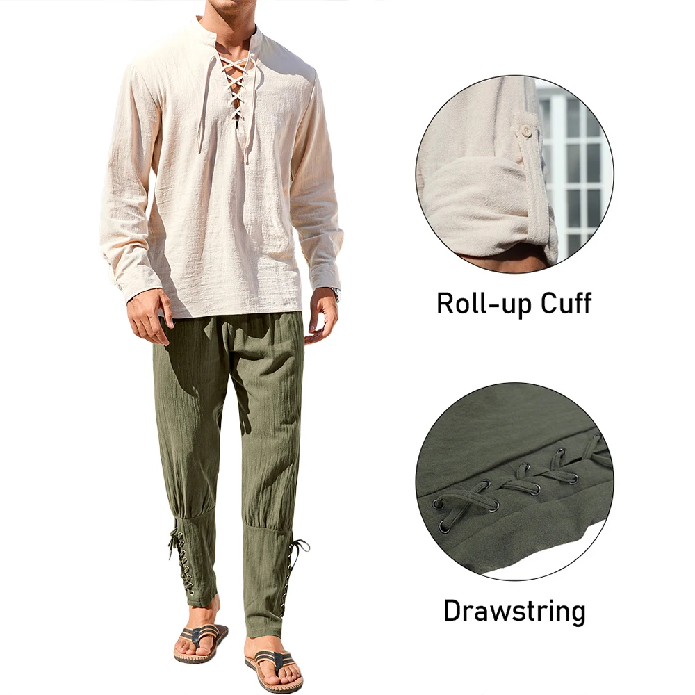 Spring Men's Medieval Costume 2pcs Set Cotton Linen Cozy V-neck Solid Color Lace-up Design Vintage Pirate Shirts Male Clothing
Spring Men's Medieval Costume 2pcs Set Cotton Linen Cozy V-neck Solid Color Lace-up Design Vintage Pirate Shirts Male Clothing