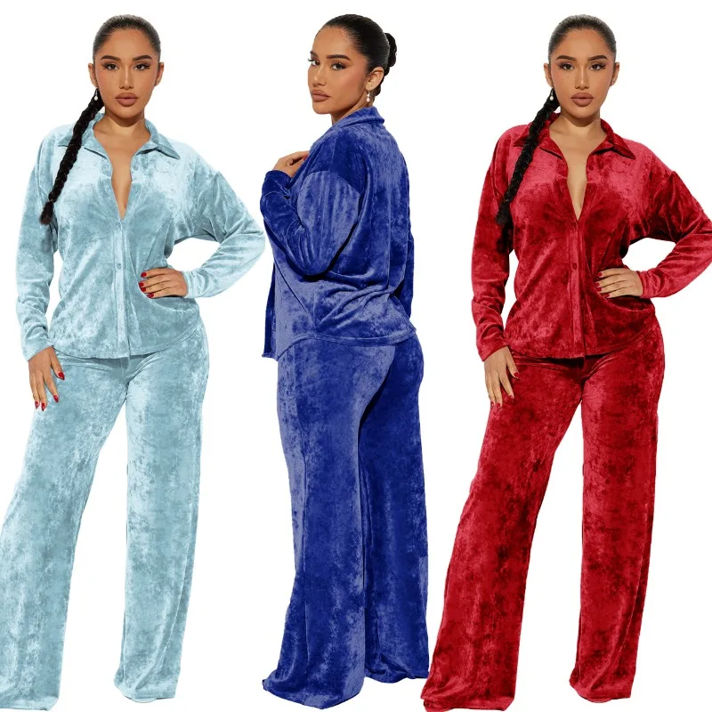 Solid Velvet Two Piece Set Women Autumn Winter Tracksuits Breasted Full Sleeve Shirts Top Wide Leg Pants Fashion Casual Suits
Solid Velvet Two Piece Set Women Autumn Winter Tracksuits Breasted Full Sleeve Shirts Top Wide Leg Pants Fashion Casual Suits