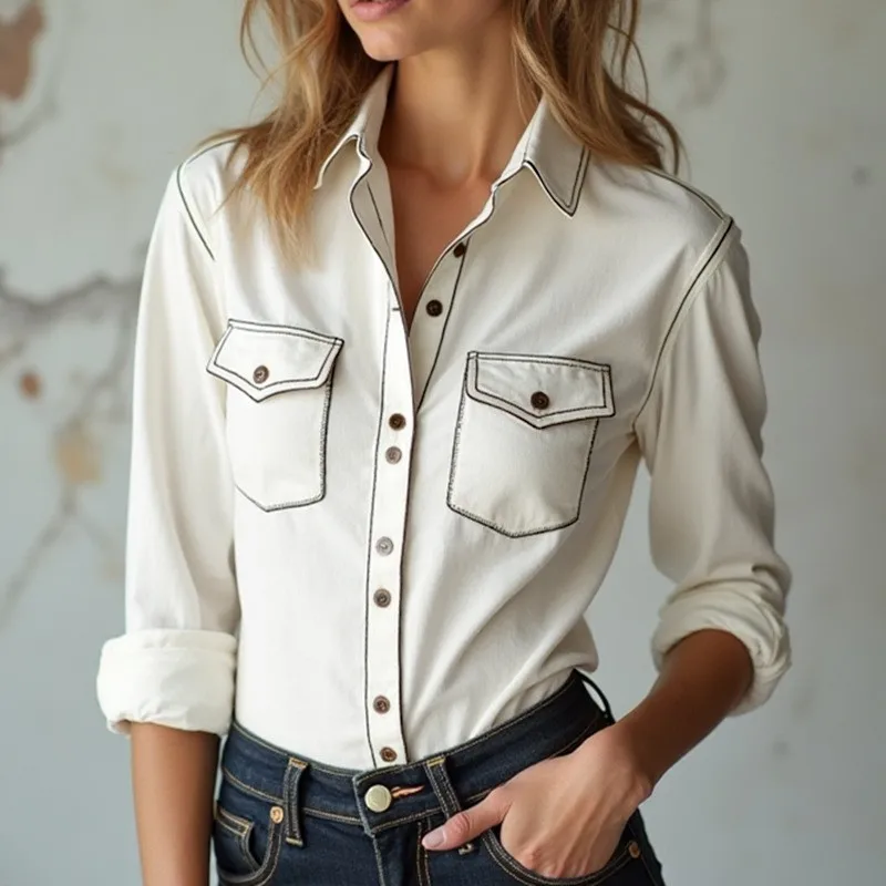 Women Blouse Cotton Solid Color Blouses Women's Button-Up Shirt Two Chest Pockets Long Sleeve Shirt Rolled Cuffs Regular Fit
Women Blouse Cotton Solid Color Blouses Women's Button-Up Shirt Two Chest Pockets Long Sleeve Shirt Rolled Cuffs Regular Fit