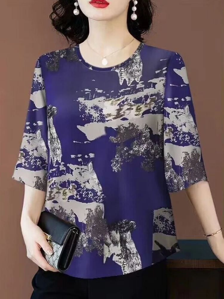 Fashionable Short Sleeve Top Women Summer Loose plus Size Slimming Print Silk Wind T-Shirt Versatile Commute Style round Neck
Fashionable Short Sleeve Top Women Summer Loose plus Size Slimming Print Silk Wind T-Shirt Versatile Commute Style round Neck