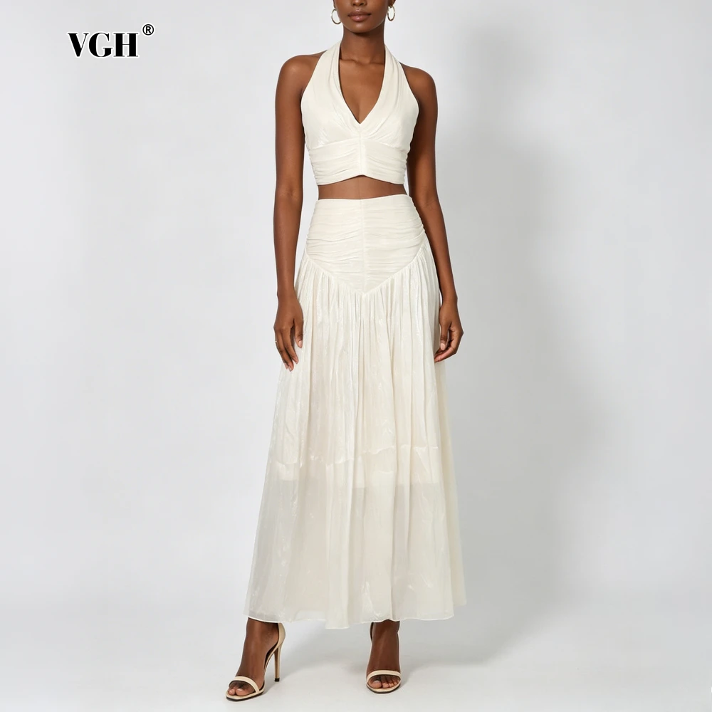 VGH Apricot Spliced Folds Two Piece Set Female Halter Sleeveless Top French Minimalist Women's Skirt Sets Fashion Summer Style
VGH Apricot Spliced Folds Two Piece Set Female Halter Sleeveless Top French Minimalist Women's Skirt Sets Fashion Summer Style