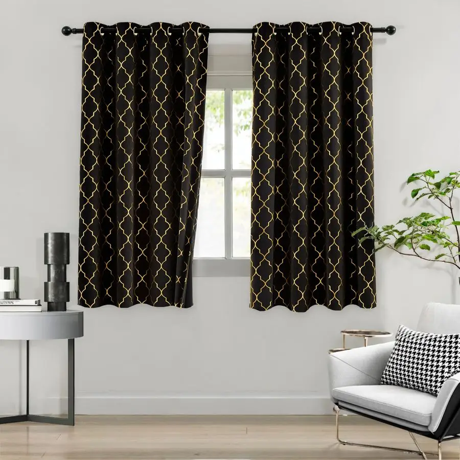 Black Full Blackout Curtains with Gold Geo Metallic Moroccan Printed Pattern,Short Modern Room Darkening Drapes,Grommet Window T
Black Full Blackout Curtains with Gold Geo Metallic Moroccan Printed Pattern,Short Modern Room Darkening Drapes,Grommet Window T