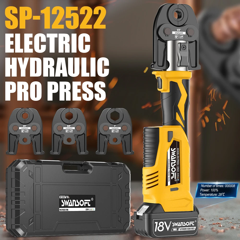 SWANSOFT SP-12522 18V Electric Hydraulic Pro Press Copper Pipe Crimper Tool with 3 US Compact Jaws 1/2",3/4'', 1" Pipe Crimping
SWANSOFT SP-12522 18V Electric Hydraulic Pro Press Copper Pipe Crimper Tool with 3 US Compact Jaws 1/2",3/4'', 1" Pipe Crimping