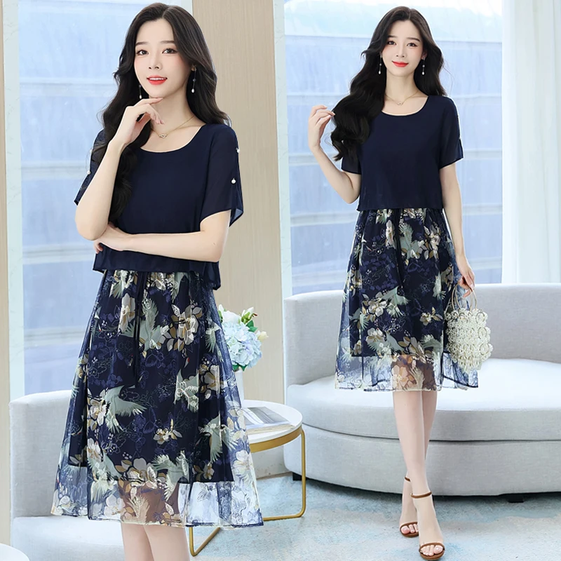 Summer Flower Printed Chiffon Dress Women Elegant Round Neck Short Sleeve Fake Two Piece Patchwork Midi Dress
Summer Flower Printed Chiffon Dress Women Elegant Round Neck Short Sleeve Fake Two Piece Patchwork Midi Dress