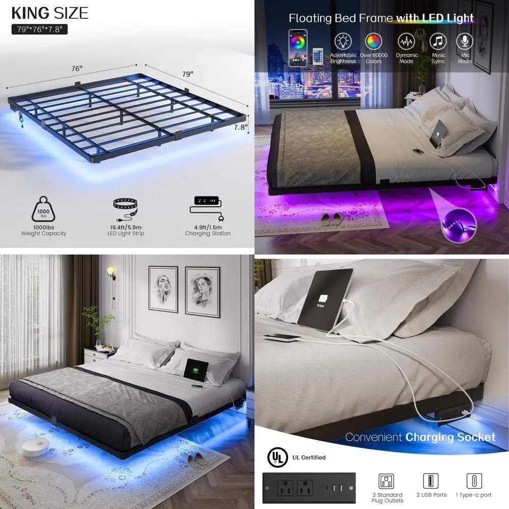 King Size Floating Metal Bed Frame with LED Light and Charging Station, No Box Spring Needed, Noise-Free, Easy Assembly
King Size Floating Metal Bed Frame with LED Light and Charging Station, No Box Spring Needed, Noise-Free, Easy Assembly