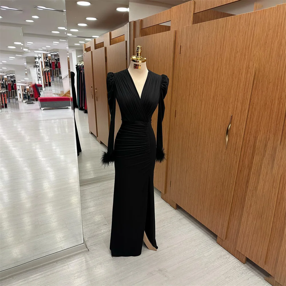Lily Mermaid Sexy Prom Dress V Neck Long Sleeves Celebrity Dresses Women's Evening Dress Pleat Formal Gown with Feather 프롬 드레스
Lily Mermaid Sexy Prom Dress V Neck Long Sleeves Celebrity Dresses Women's Evening Dress Pleat Formal Gown with Feather 프롬 드레스