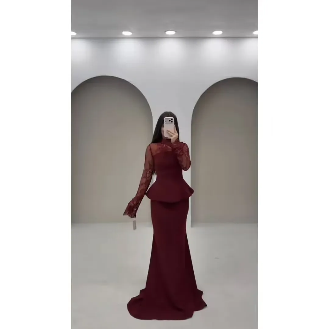 Customized Burgundy High Neck Lace Long Sleeve Peplum Mermaid Formal Evening Gown Elegant vestidos de noche Prom Dress
Customized Burgundy High Neck Lace Long Sleeve Peplum Mermaid Formal Evening Gown Elegant vestidos de noche Prom Dress