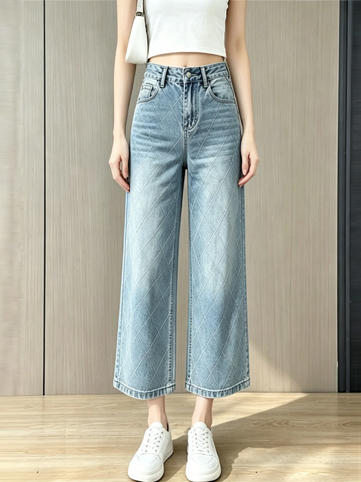 High Waist Wide Leg Pants Women's Summer 2026 New Style Slimming Loose Versatile Nine Points Denim Pants Diamond Pattern
High Waist Wide Leg Pants Women's Summer 2026 New Style Slimming Loose Versatile Nine Points Denim Pants Diamond Pattern