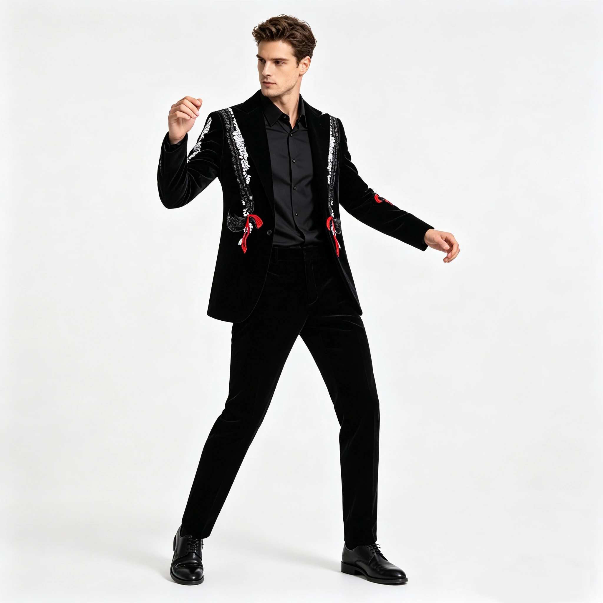 Men's Black Velvet Blazer with Gold Floral Embroidery, Slim Fit Suit Jacket for Wedding, Party, Banquet, Prom
Men's Black Velvet Blazer with Gold Floral Embroidery, Slim Fit Suit Jacket for Wedding, Party, Banquet, Prom