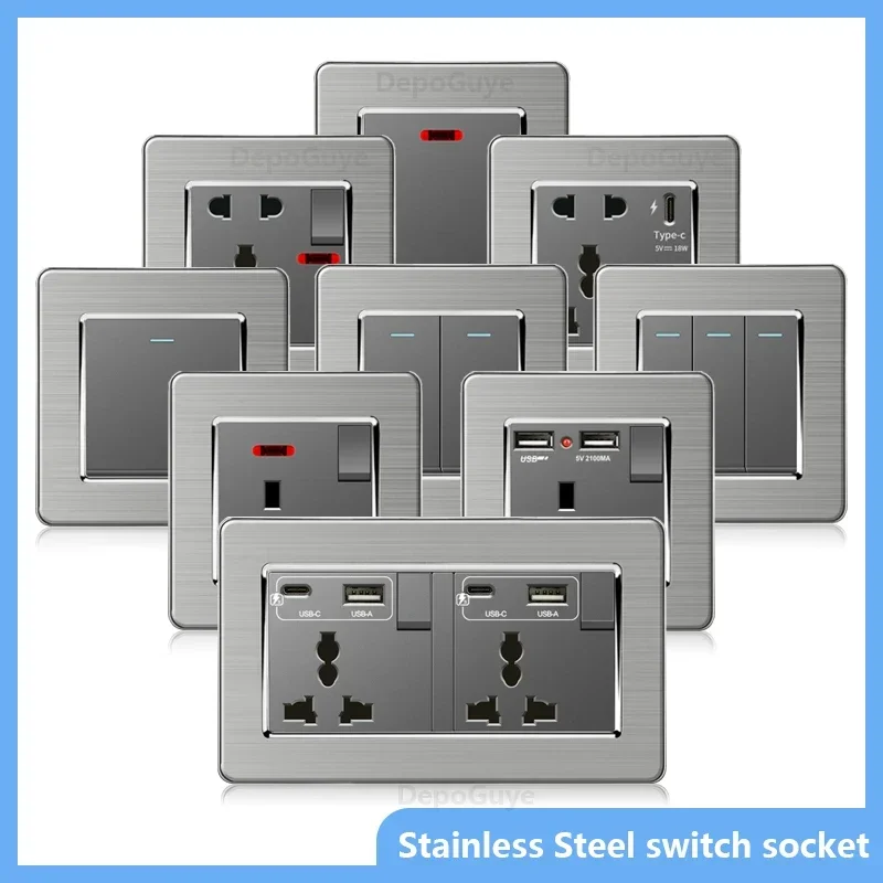 Universal Wall Light Switch Brushed Stainless steel Panel,UK Type-c 18W Quick Charging Socket 220V Double USB Electrical Outlet
Universal Wall Light Switch Brushed Stainless steel Panel,UK Type-c 18W Quick Charging Socket 220V Double USB Electrical Outlet