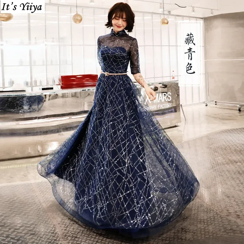 It's Yiiya Customized Evening Dress Navy Blue Sequins Tulle High Collar Half Sleeves A-line Plus size women Party Formal Gowns
It's Yiiya Customized Evening Dress Navy Blue Sequins Tulle High Collar Half Sleeves A-line Plus size women Party Formal Gowns