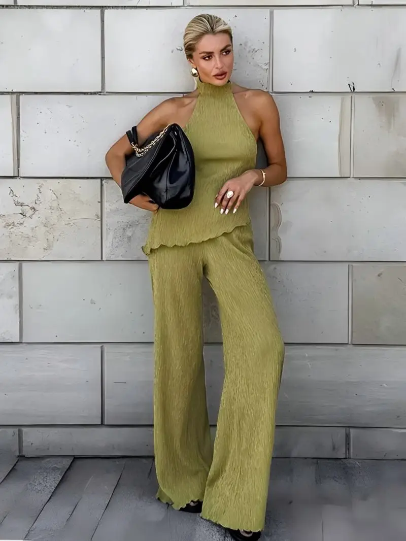 Women Commute Wear French Green Pleated Two Piece Set Halter Top Wide Leg Trousers 2026
Women Commute Wear French Green Pleated Two Piece Set Halter Top Wide Leg Trousers 2026
