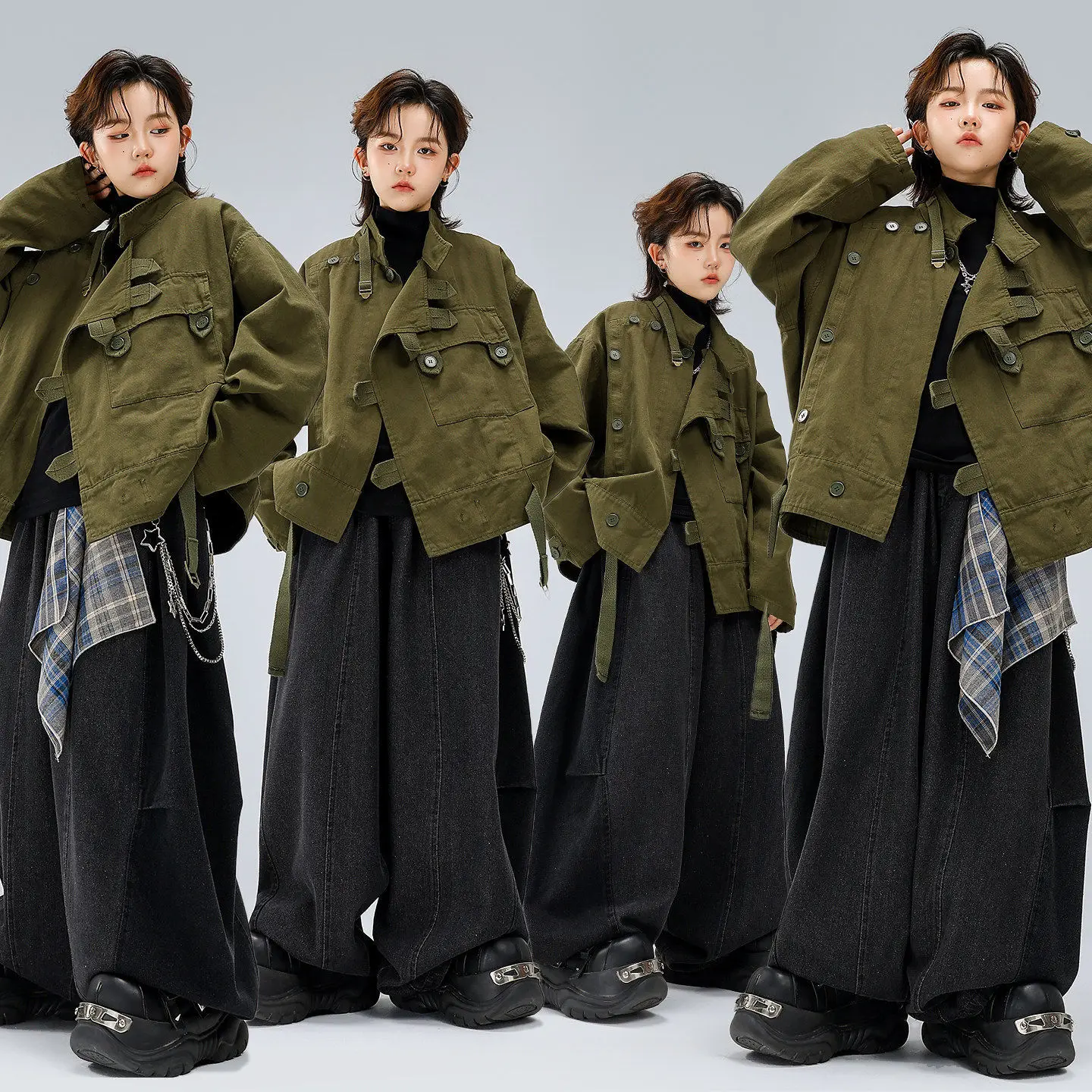 Kid Kpop Hip Hop Clothing Army Green Strap Cargo Jacket Top Black Mock Neck T Shirt for Girl Boy Street Dance Costumes Clothes
Kid Kpop Hip Hop Clothing Army Green Strap Cargo Jacket Top Black Mock Neck T Shirt for Girl Boy Street Dance Costumes Clothes