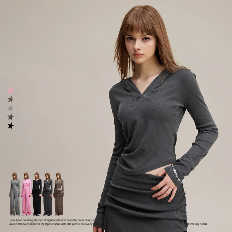 2025 Autumn New Euro-American Retro Spice Girl Cotton Solid V-Neck Hooded Short Slim Long Sleeve T-Shirt For Women
2025 Autumn New Euro-American Retro Spice Girl Cotton Solid V-Neck Hooded Short Slim Long Sleeve T-Shirt For Women