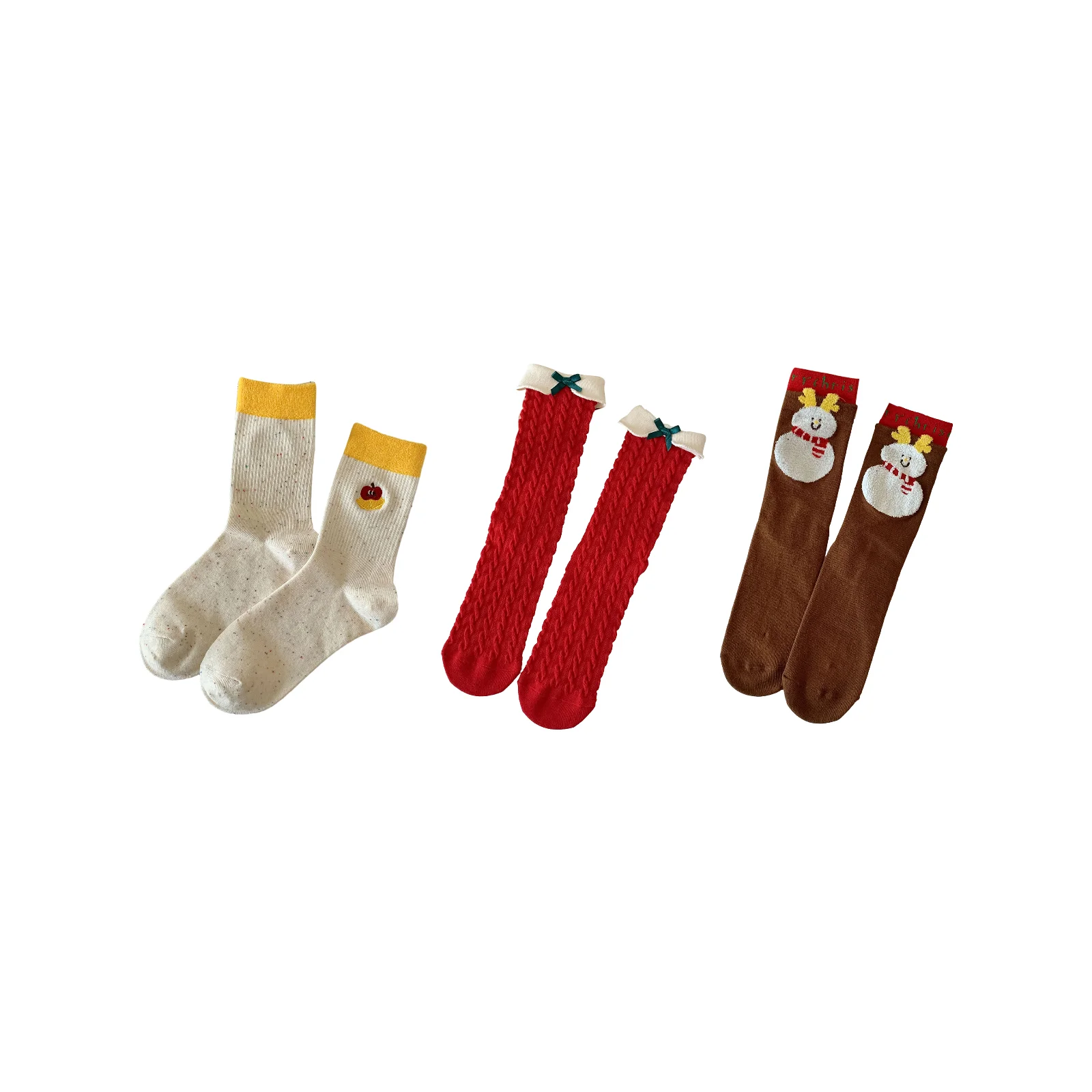 Christmas stocking combination: white yellow ruffle + bow + snowman, 3 pairs set for men and women
Christmas stocking combination: white yellow ruffle + bow + snowman, 3 pairs set for men and women