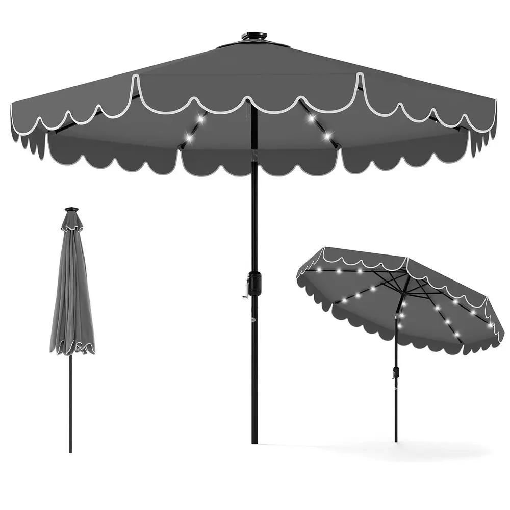 9 FT Solar Patio Umbrella, 2Tiers Scalloped Outdoor Table Market Umbrella with 32 LED Lights, Vented Top, Tilt Adjustment, Cran
9 FT Solar Patio Umbrella, 2Tiers Scalloped Outdoor Table Market Umbrella with 32 LED Lights, Vented Top, Tilt Adjustment, Cran