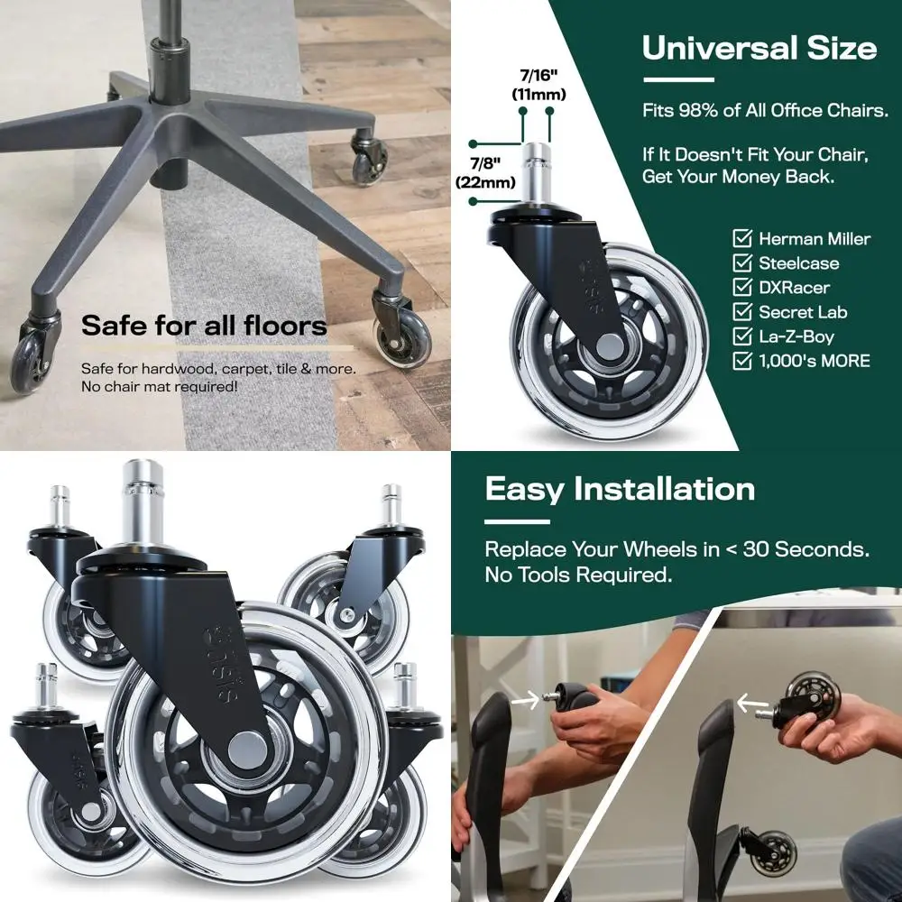 Ультрагладкие и бесшумные ролики для офисных кресел — идеально подходят для деревянных и ковровых полов — простая установка, комплект из 5 штук
Ультрагладкие и бесшумные ролики для офисных кресел — идеально подходят для деревянных и ковровых полов — простая установка, комплект из 5 штук