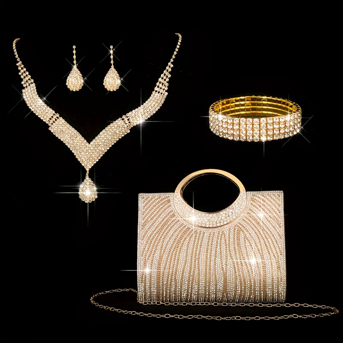 4pcs Set: New Fashion Dinner Bag, Sparkling Water Diamond Striped Handbag, Wedding Bridesmaid Bag, Evening Bag, Dress Bag, Shoulder Bag, Wedding Season Sparkling Water Brick Necklace, Earrings, Bracelet Set
4pcs Set: New Fashion Dinner Bag, Sparkling Water Diamond Striped Handbag, Wedding Bridesmaid Bag, Evening Bag, Dress Bag, Shoulder Bag, Wedding Season Sparkling Water Brick Necklace, Earrings, Bracelet Set