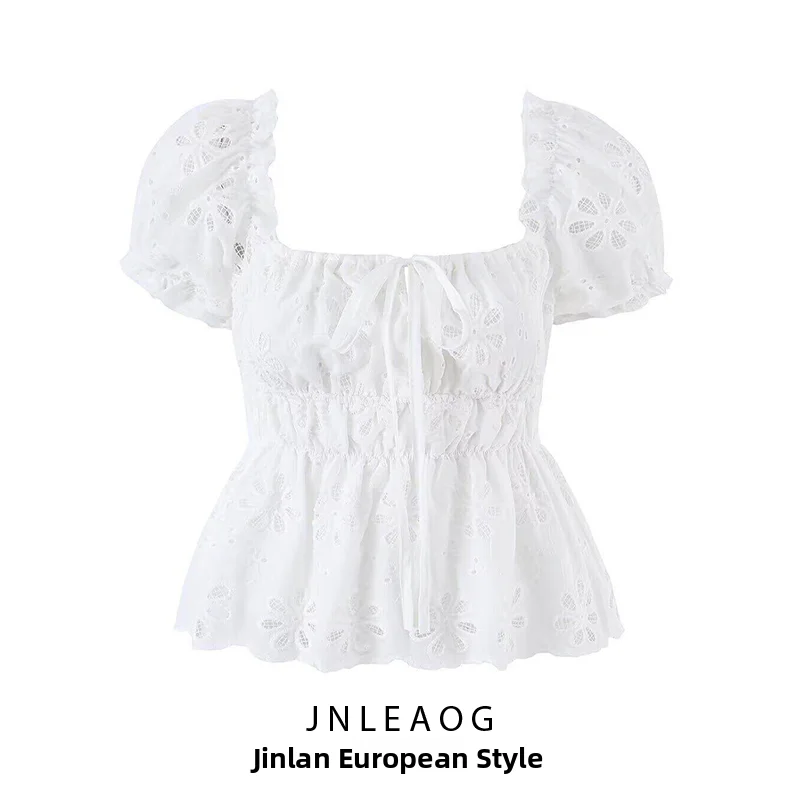 JNLEAOG Summer New Women's Fashion Embroidered Hollow out Lace Trim Top Slim Fit Knot Polyester Short Sleeve Shirt
JNLEAOG Summer New Women's Fashion Embroidered Hollow out Lace Trim Top Slim Fit Knot Polyester Short Sleeve Shirt