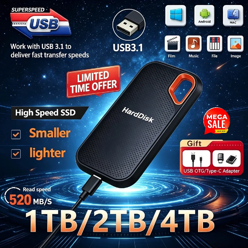 Новый внешний SSD-накопитель 2026 года, 2 ТБ/4 ТБ, портативный твердотельный накопитель USB 3.1 Type-C, 560 МБ/с, SATA III для ноутбуков, Mac, ПК, PS5, игровых консолей. Горячая распродажа.
Новый внешний SSD-накопитель 2026 года, 2 ТБ/4 ТБ, портативный твердотельный накопитель USB 3.1 Type-C, 560 МБ/с, SATA III для ноутбуков, Mac, ПК, PS5, игровых консолей. Горячая распродажа.