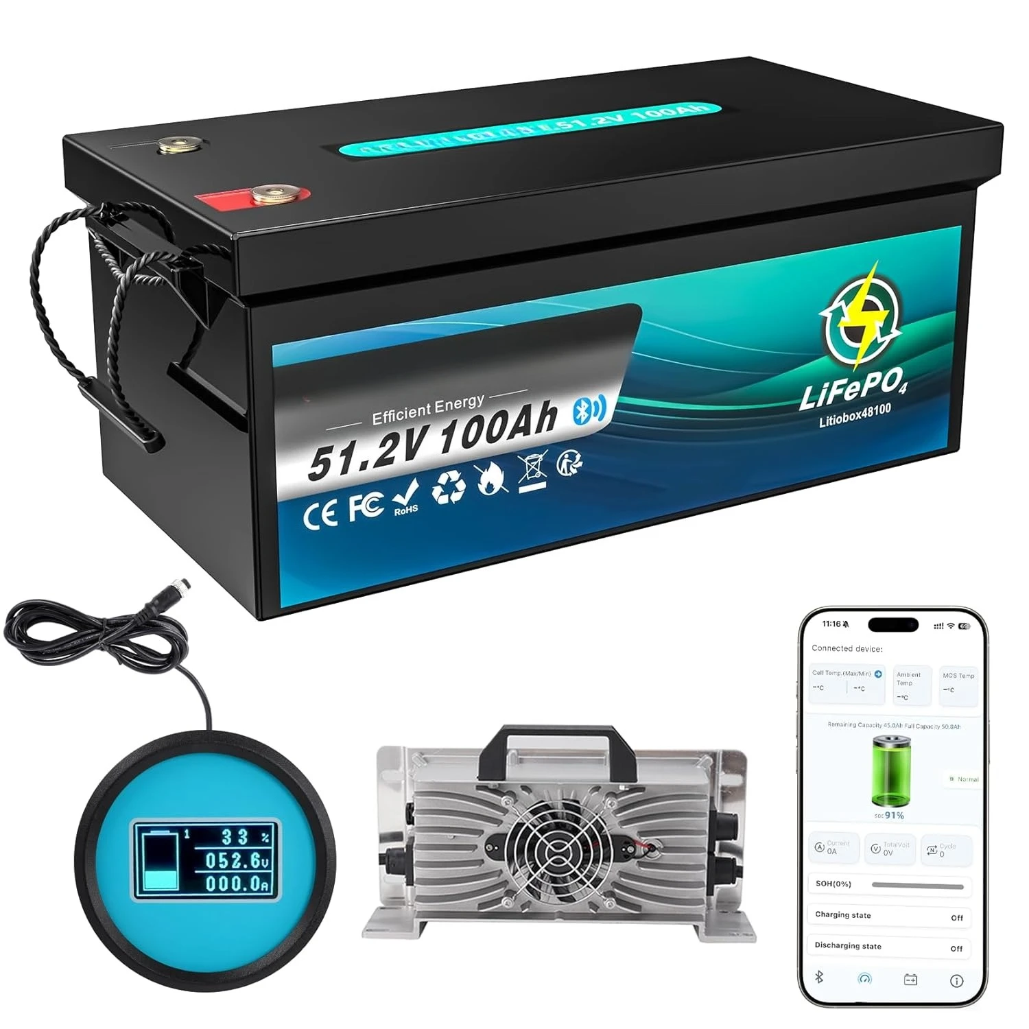 Литиевая LiFePO4 батарея 48В (51.2В) 100Ач для гольф-кара с Bluetooth и приложением, оснащенная ЖК-монитором, зарядное устройство 48В 18А, на заказ
Литиевая LiFePO4 батарея 48В (51.2В) 100Ач для гольф-кара с Bluetooth и приложением, оснащенная ЖК-монитором, зарядное устройство 48В 18А, на заказ