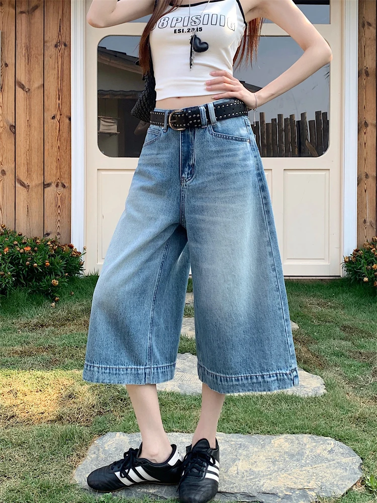Retro American Blue Washed Denim High Waist Slimming Seven-Foot Wide Leg Pants Women's Summer Casual High Waist Jeans
Retro American Blue Washed Denim High Waist Slimming Seven-Foot Wide Leg Pants Women's Summer Casual High Waist Jeans