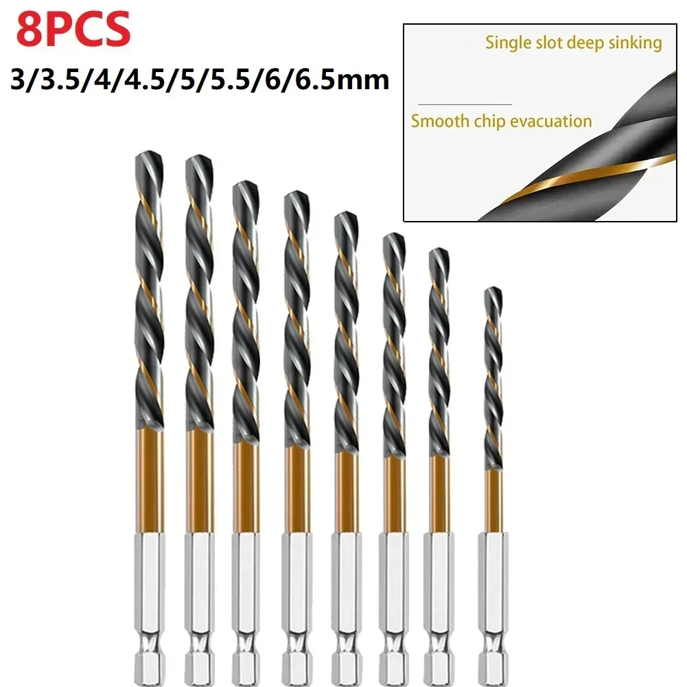 8PCS HSS Coated Drill Bit With Quick Change 1/4'' Hex Shank 3-6.5mm High Speed Steel For Metal Wood Plastic Drilling
8PCS HSS Coated Drill Bit With Quick Change 1/4'' Hex Shank 3-6.5mm High Speed Steel For Metal Wood Plastic Drilling