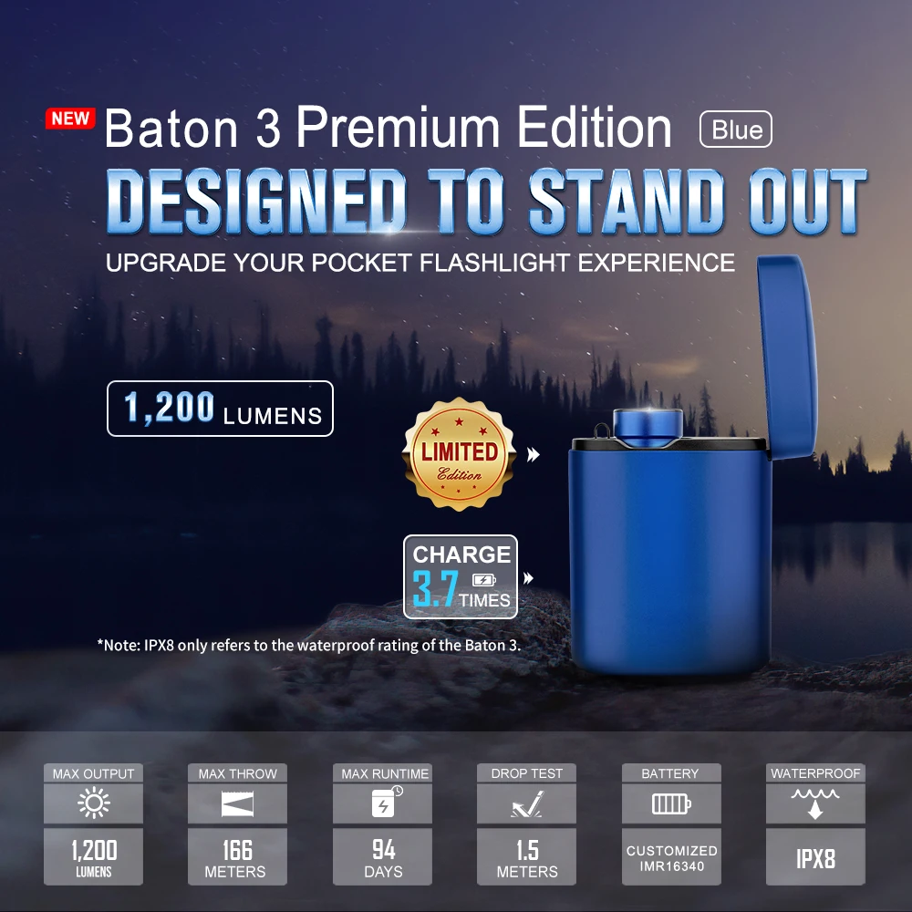 OLIGHT Baton3 Premium Edition 1200 Lumens Compact LED Flashlight Powered by a Single Rechargeable Battery, with Charging Box
OLIGHT Baton3 Premium Edition 1200 Lumens Compact LED Flashlight Powered by a Single Rechargeable Battery, with Charging Box