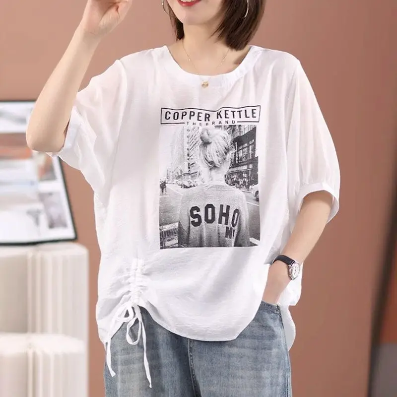 Fashion Design T Shirts Women Korean Printed Drawstring T-shirt Casual Loose Short Sleeve Top Summer Trend Thin Oversized Tshirt
Fashion Design T Shirts Women Korean Printed Drawstring T-shirt Casual Loose Short Sleeve Top Summer Trend Thin Oversized Tshirt