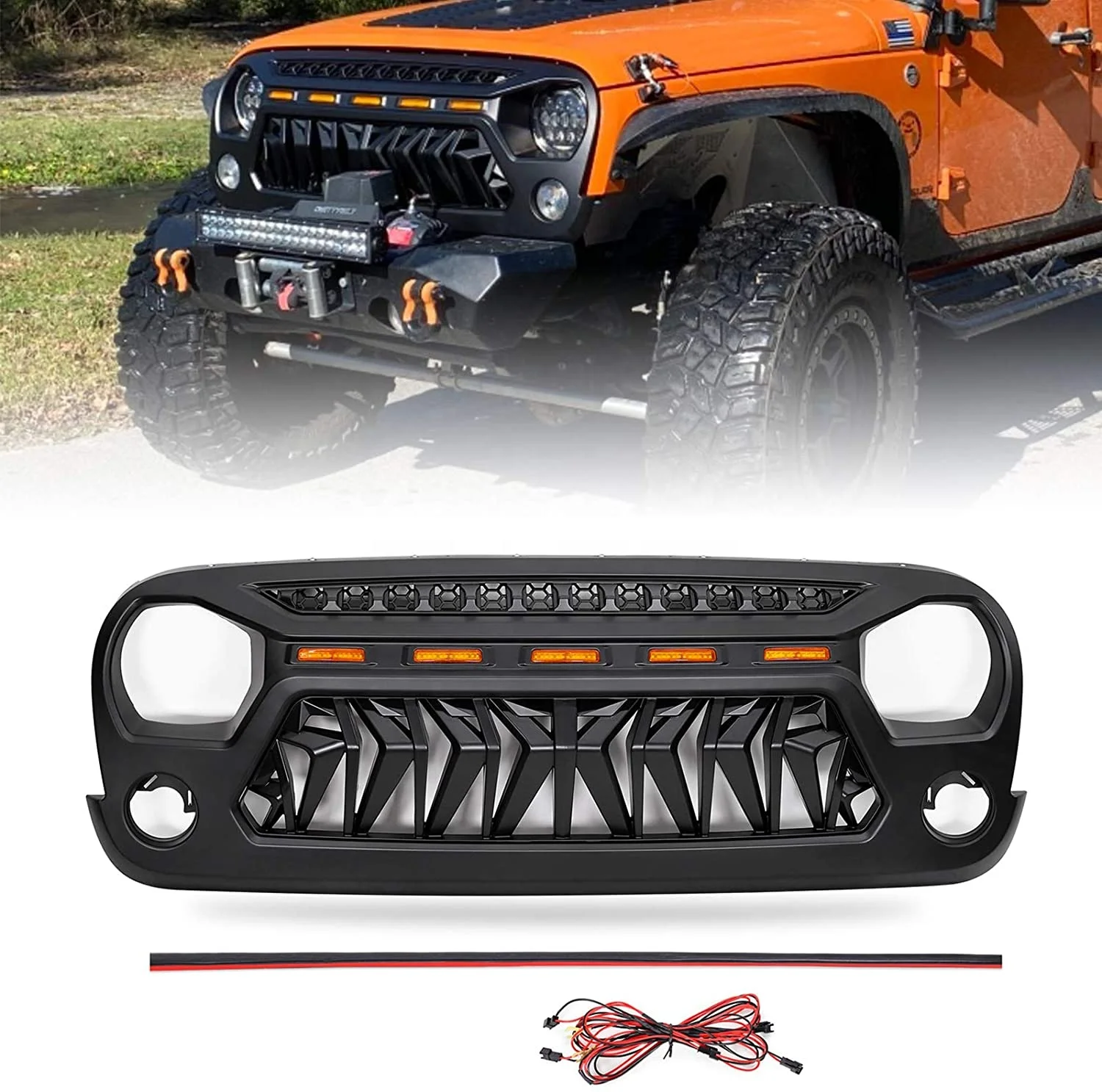 Grill for Jeep Wrangler JK Accessories 2007-2017 Matte Black Angry Face Grill with 5 Amber Lights for Jeep Rubicon Sahara Sport
Grill for Jeep Wrangler JK Accessories 2007-2017 Matte Black Angry Face Grill with 5 Amber Lights for Jeep Rubicon Sahara Sport