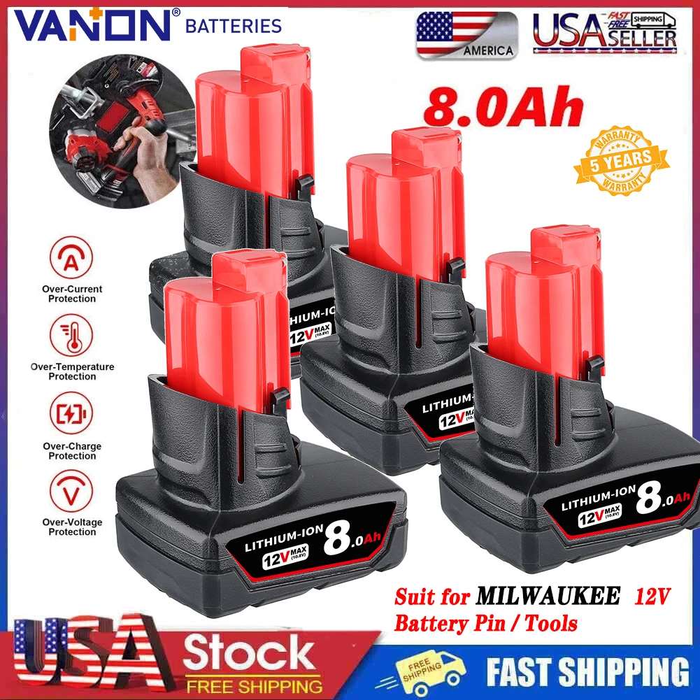 VANON 1/2/4Pack 8.0Ah 12V Battery Replace for Milwaukee M12 Battery Pin Li-on 48-11-2401 48-11-2412 48-11-2411 Cordless Tools
VANON 1/2/4Pack 8.0Ah 12V Battery Replace for Milwaukee M12 Battery Pin Li-on 48-11-2401 48-11-2412 48-11-2411 Cordless Tools