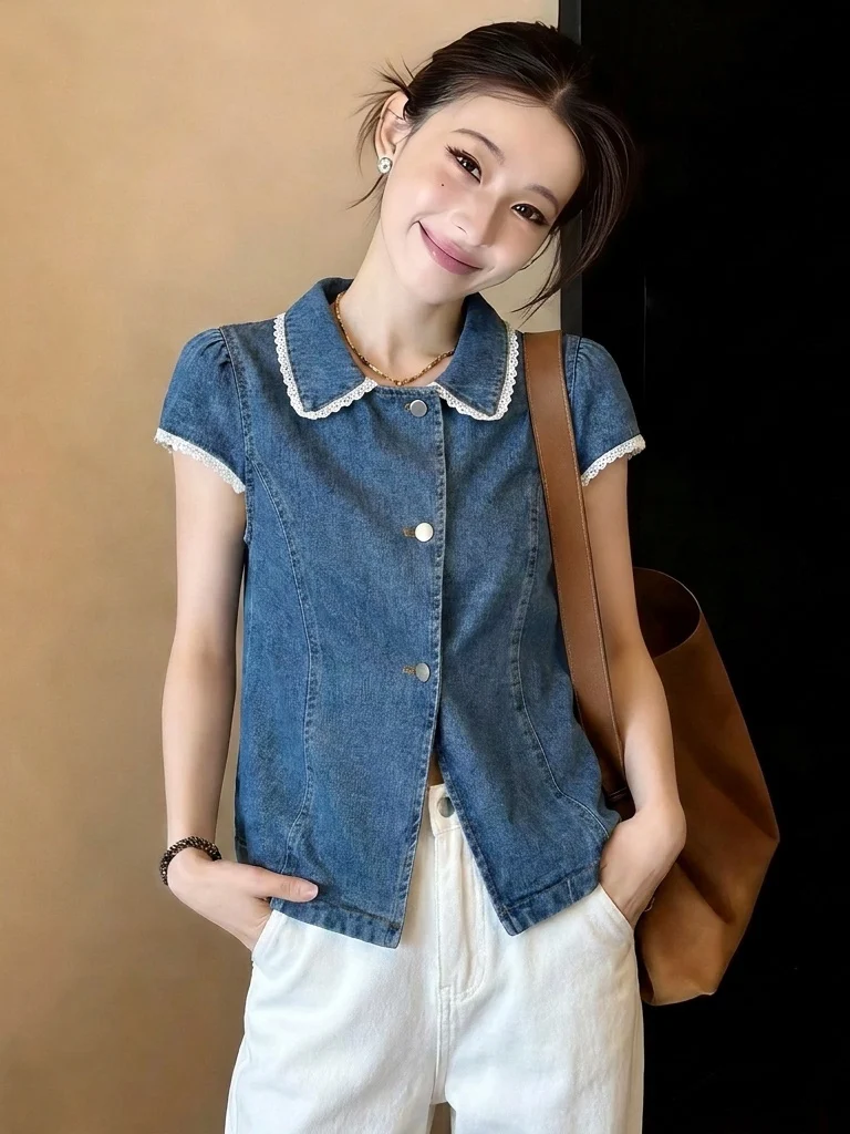 Cute Collar Denim Short Sleeve Shirt Women's Summer New Style Big Size Sweet And Salty Top Korean Version Loose Fit Commute Wind
Cute Collar Denim Short Sleeve Shirt Women's Summer New Style Big Size Sweet And Salty Top Korean Version Loose Fit Commute Wind