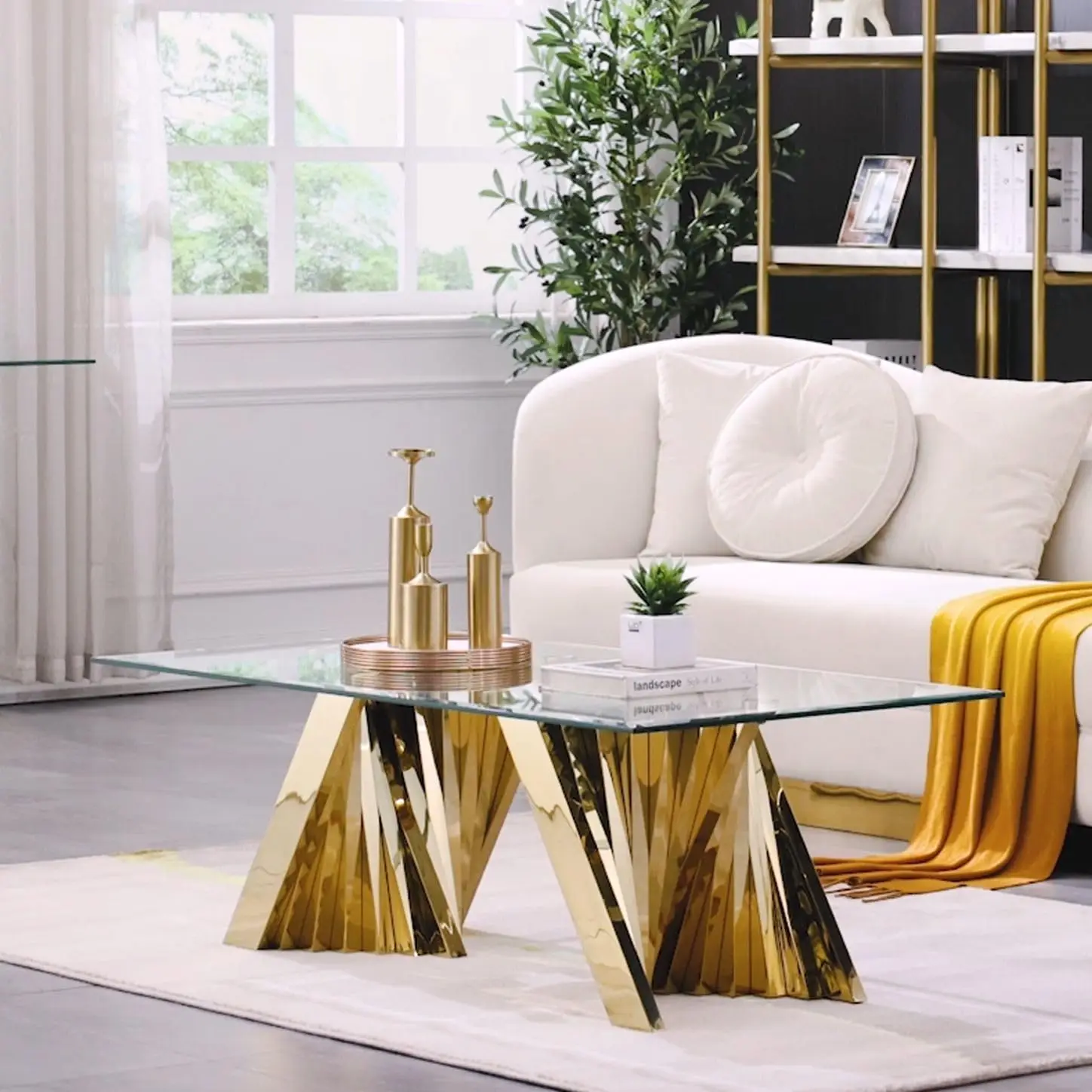 50" Gold Glass Coffee Table, Modern Rectangle Tempered Glass Living Room Center Table with Polished Stainless Steel, Customized
50" Gold Glass Coffee Table, Modern Rectangle Tempered Glass Living Room Center Table with Polished Stainless Steel, Customized
