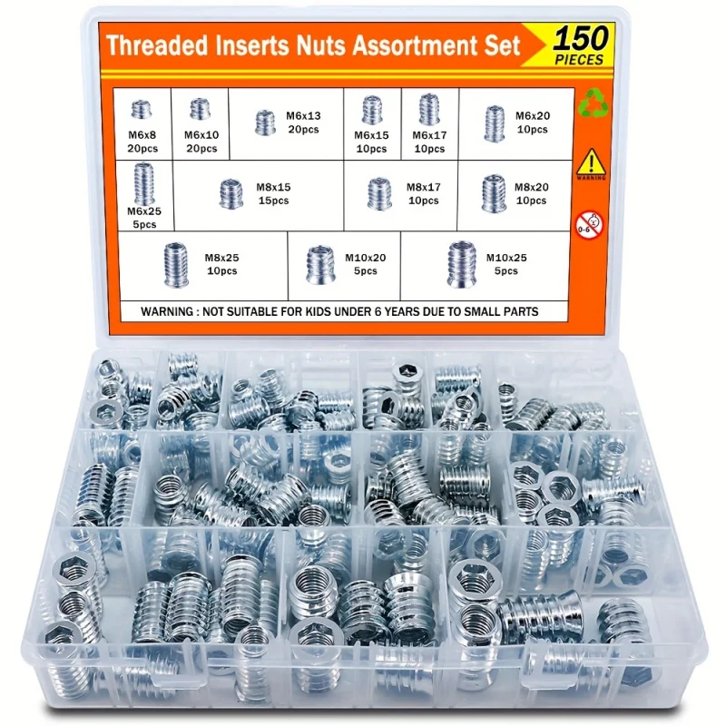 150PCS M6/M8/M10 Steel Threaded Inserts Nuts, Wood Inserts Assortment Kit, Threaded Inserts for Wood Furniture Screw, DIY & Furn
150PCS M6/M8/M10 Steel Threaded Inserts Nuts, Wood Inserts Assortment Kit, Threaded Inserts for Wood Furniture Screw, DIY & Furn