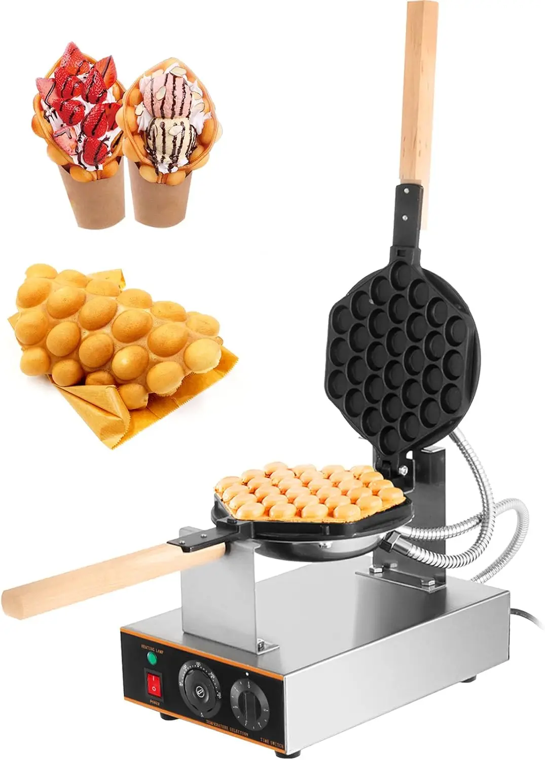 Commercial Bubble Waffle Maker, 1400W with Rotatable Pans & Wooden Handles, Adjustable Temperature 50-250°C
Commercial Bubble Waffle Maker, 1400W with Rotatable Pans & Wooden Handles, Adjustable Temperature 50-250°C