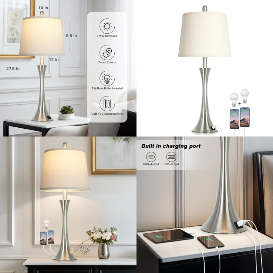 27.5" Silver Table Lamps, Touch Bedside Lamps with USB C+A Ports, 3 Way Dimmable Nightstand Lamps for Bedroom, Living Room, Off
27.5" Silver Table Lamps, Touch Bedside Lamps with USB C+A Ports, 3 Way Dimmable Nightstand Lamps for Bedroom, Living Room, Off