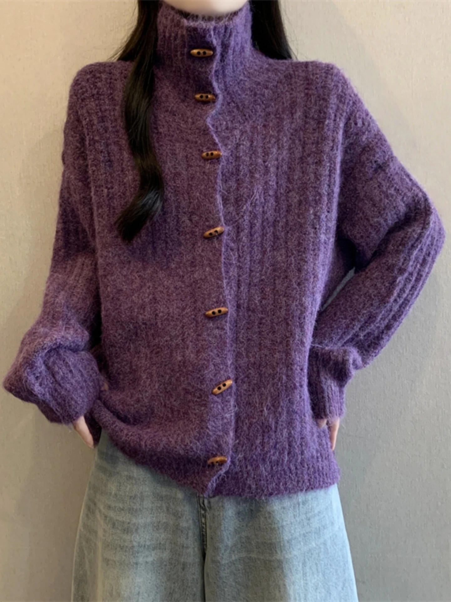 Purple High Collar Knitted Open Cardigan Sweater Women's Spring Autumn Loose Large Size Button up Top Comfortable Straight Cut
Purple High Collar Knitted Open Cardigan Sweater Women's Spring Autumn Loose Large Size Button up Top Comfortable Straight Cut