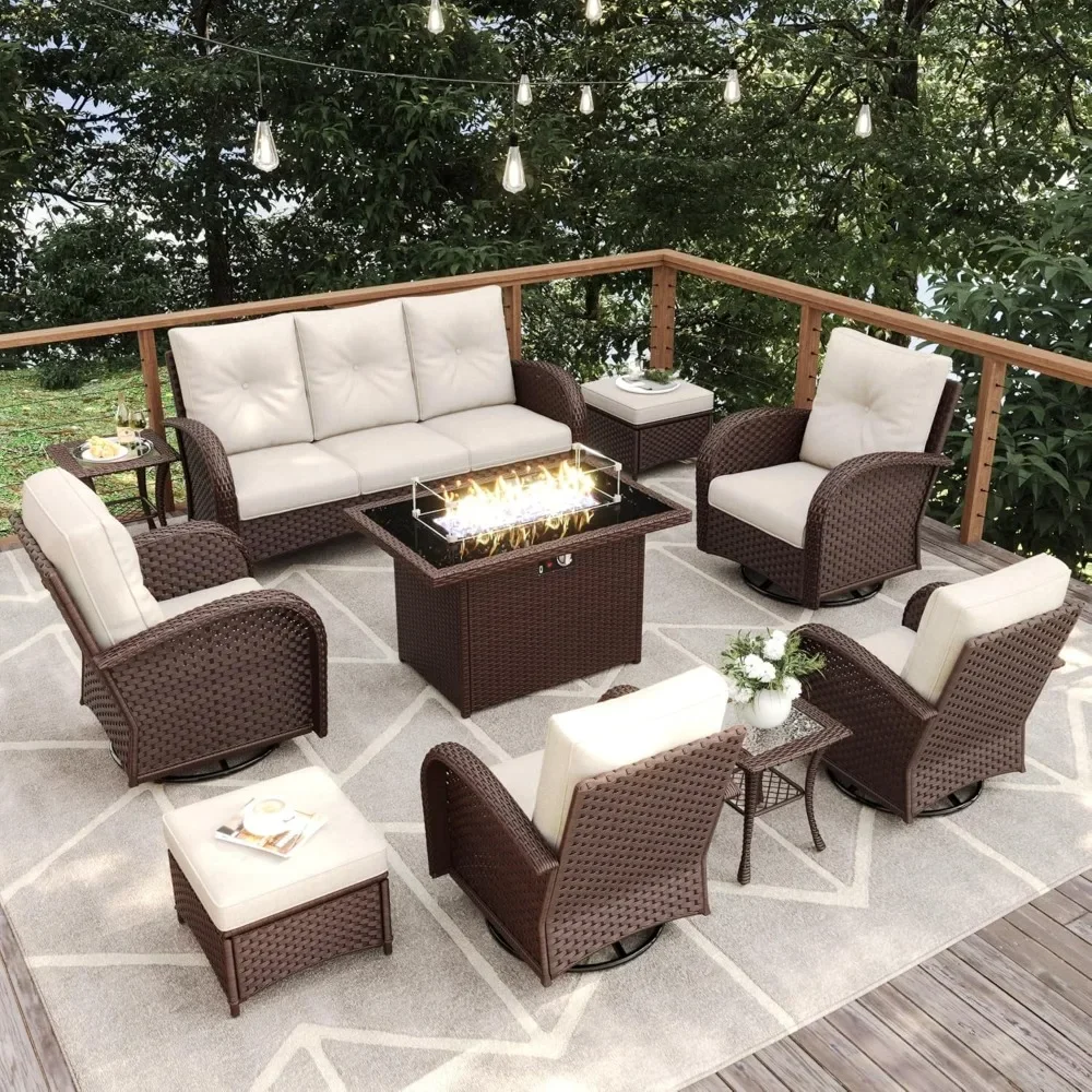10 Pieces Patio Furniture Sets with Fire Pit Table, Wicker Rattan High Back Outdoor Swivel Rocking Chairs Set with 3-Seat Couch
10 Pieces Patio Furniture Sets with Fire Pit Table, Wicker Rattan High Back Outdoor Swivel Rocking Chairs Set with 3-Seat Couch