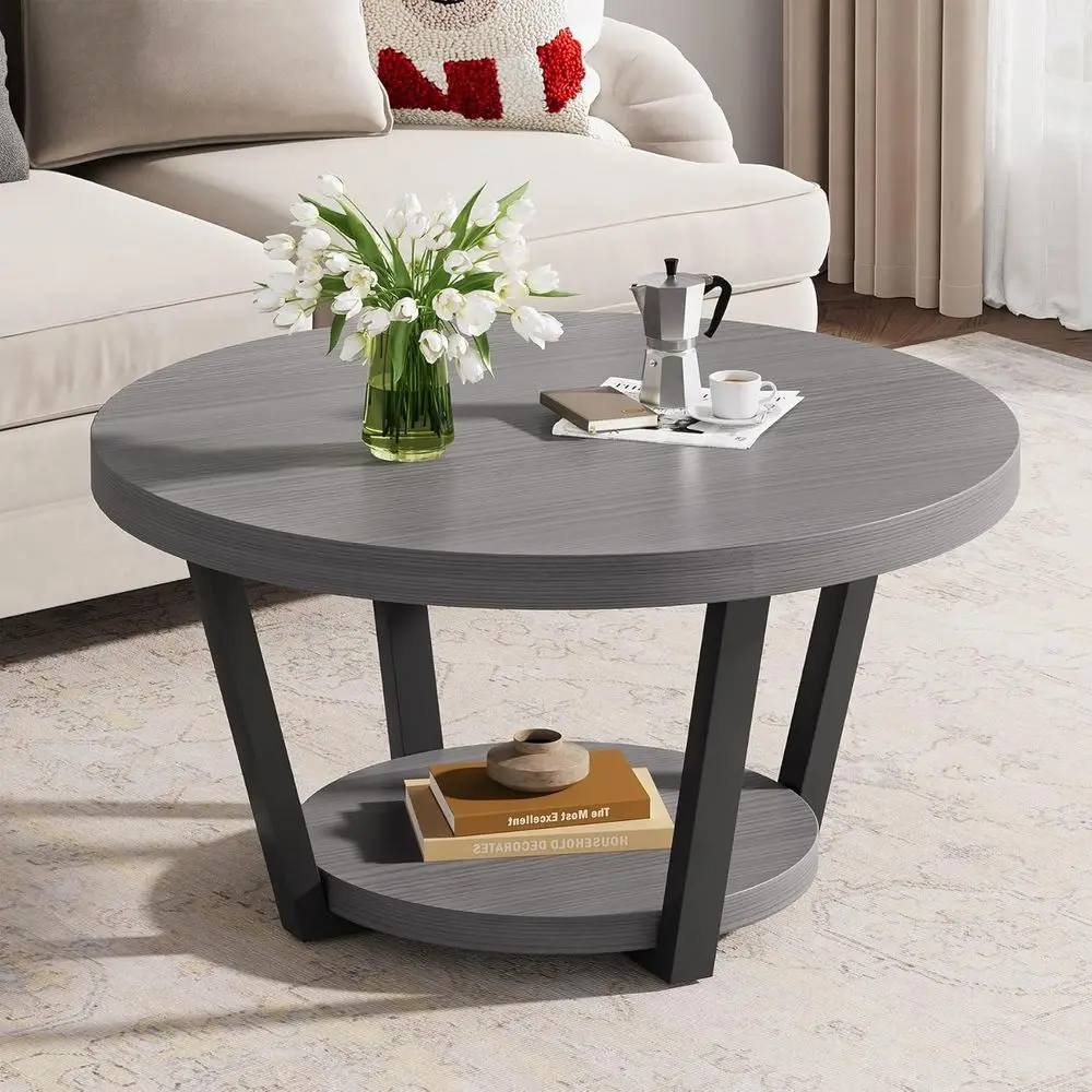 Round Coee Table with Storage Shel, 2-Tier Wooden Accent Center Table, ern Industrial Living Room urniture, Grey
Round Coee Table with Storage Shel, 2-Tier Wooden Accent Center Table, ern Industrial Living Room urniture, Grey