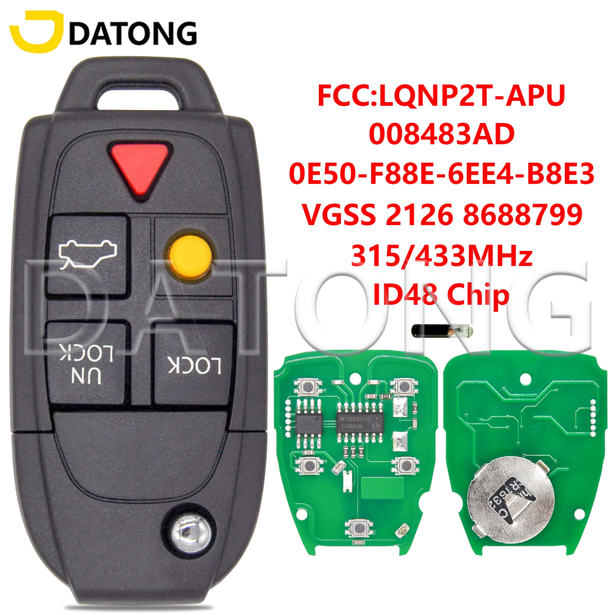 Datong World Car Remote Key For Volvo XC70 XC90 S60 S80 V70 2004-2015 ID48 Chip 315/433MHz 8688799 8688800 LQNP2T-APU
Datong World Car Remote Key For Volvo XC70 XC90 S60 S80 V70 2004-2015 ID48 Chip 315/433MHz 8688799 8688800 LQNP2T-APU