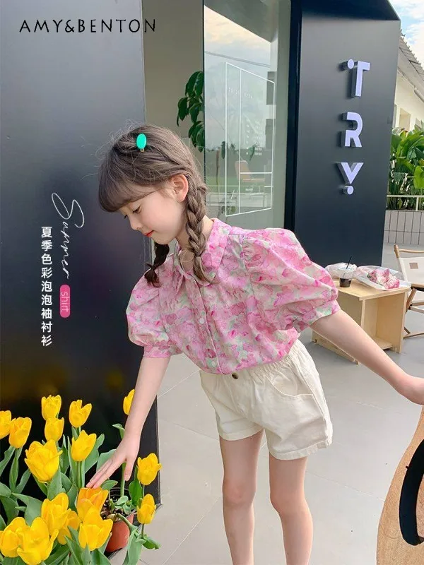 Kids' Pink Floral Puff Sleeve Shirt Lightweight and Breathable Short-Sleeve Collared Blouse 2026 Summer Casual Wear for Girls
Kids' Pink Floral Puff Sleeve Shirt Lightweight and Breathable Short-Sleeve Collared Blouse 2026 Summer Casual Wear for Girls